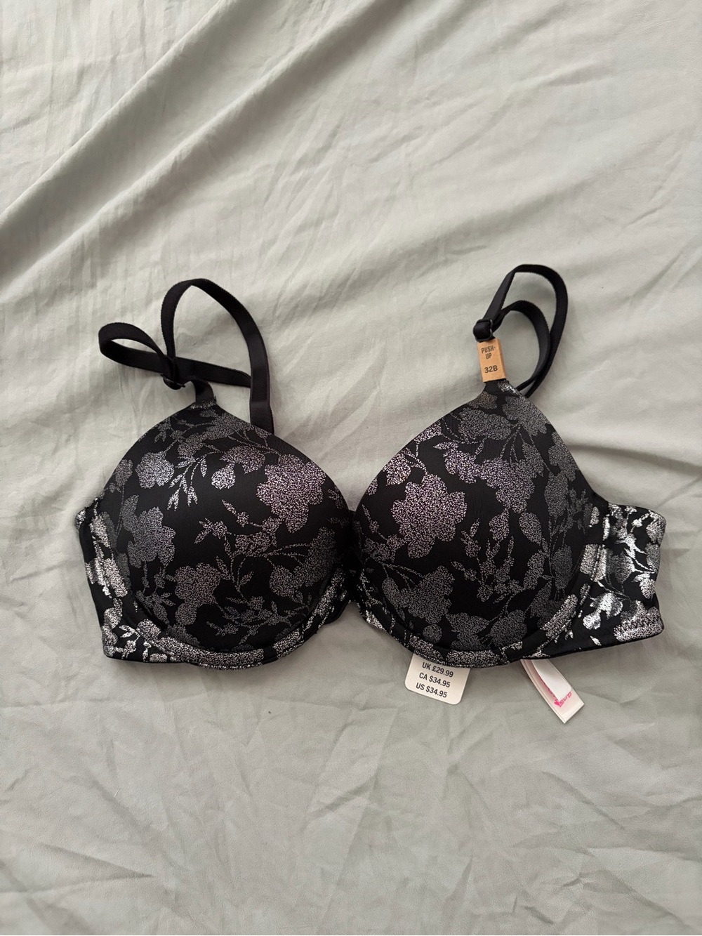 PINK Victoria's Secret Black Bra with Silver Floral Jacquard